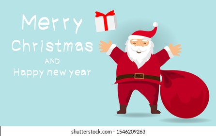 Christmas card. Santa Claus with huge red bag with presents for distributing to children in Christmas and Happy New Year day on a light blue background.