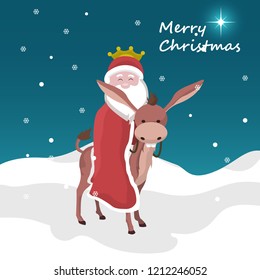 Christmas card of santa claus of king magician mounted on a donkey