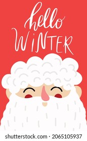 Christmas card with Santa Claus and lettering HELLO WINTER. Merry Christmas and Happy New Year greeting cards with cute Santa Claus. Hand-drawn vector illustration in cartoon style.