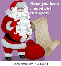 Christmas card with Santa Claus and Merry Christmas lettering. 