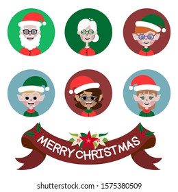 Christmas card, santa claus, mrs claus and elves with red ribbon on white background.