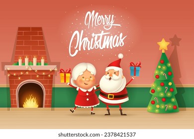 Christmas card - Santa Claus and Mrs Claus celebrate Christmas - home interior with fireplace and tree