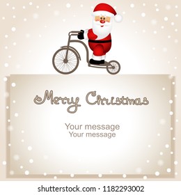 Christmas card. Santa Claus on a bicycle. Funny postcard with  Santa. Vector Illustration
