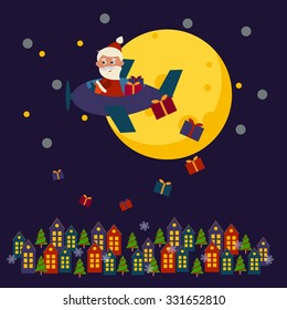 Christmas card with Santa Claus on airplane. Big yellow moon is on back. Santa sends gifts to people in a town.