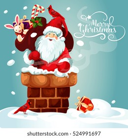 Christmas card with Santa Claus on the roof. Santa with gift bag full of present box, candy cane, holly berry and toy gets into the chimney. Merry Christmas festive poster design.