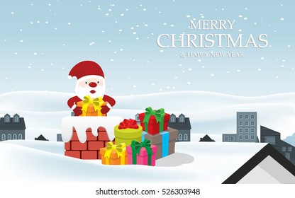 Christmas card with Santa Claus on the roof. Santa with gifts gets into the chimney. Merry Christmas festive poster. Vector illustration