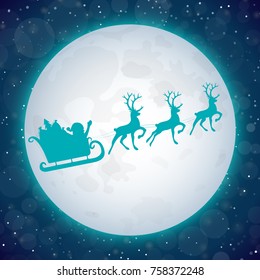 Christmas card with Santa Claus on background with the moon. Vector.