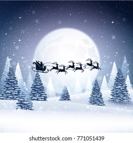 Christmas card with Santa Claus on background of magic moon. Vector illustration