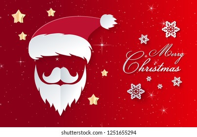 Christmas card Santa Claus paper cut out.Text is merry christmas. Origami paper art and digital craft style. Vector illustration.