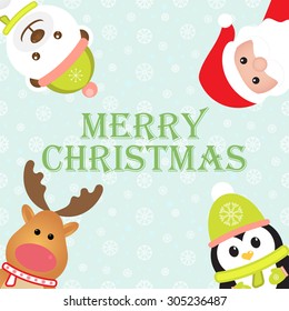 Christmas card with Santa Claus, Penguin, Reindeer and White Bear. Seamless winter background with snowflakes. Vector image. 