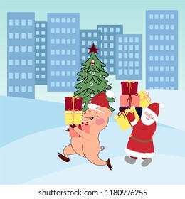 Christmas card Santa Claus and Piglet with gifts. City landscape, Christmas tree