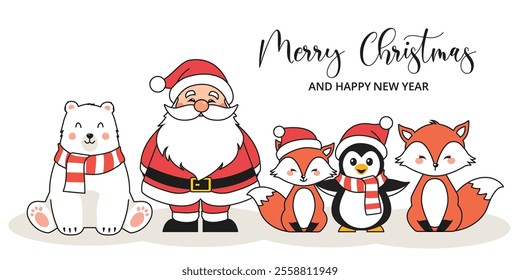 Christmas card with Santa Claus, polar bear, penguin and fox animated characters. Merry Christmas and Happy New Year text. Holiday greeting card.