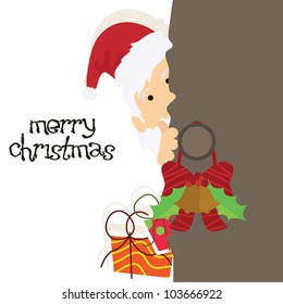 christmas card with santa claus, presents and door background