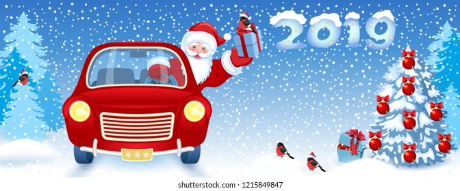 Christmas card with Santa Claus in red car with gift box against winter forest background. New Year design postcard in retro style.