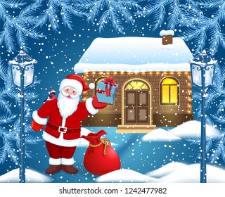 Christmas card with Сartoon Santa Claus and red bag and gift box in his hand and bullfinch on his shoulder against  brick house and winter forest background  and vintage streetlamps