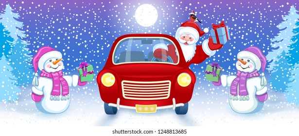 Christmas card with Santa Claus in red car with gift box and Snowman against winter forest background. New Year design postcard.