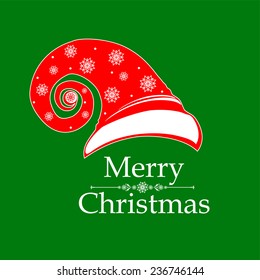 Christmas card. Santa Claus red hat isolated on green background. Vector illustration 