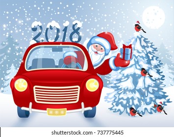 Christmas card with Santa Claus in red car with gift box against winter forest background and moon sky. New Year design postcard in retro style.