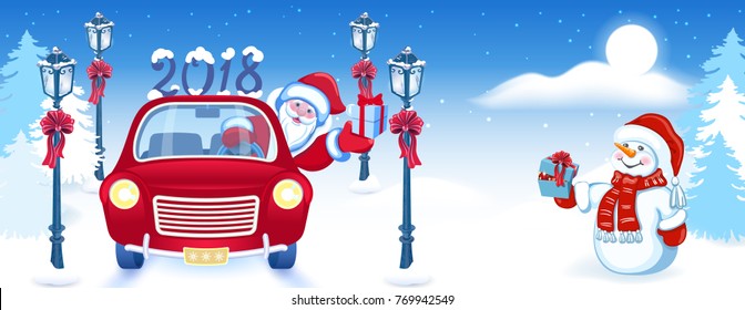 Christmas card with Santa Claus in red car with gift box and Snowman against winter forest background. New Year design postcard or web banner. 