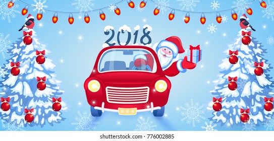 Christmas card with Santa Claus in red car with gift box and fir tree with red balls. New Year postcard.