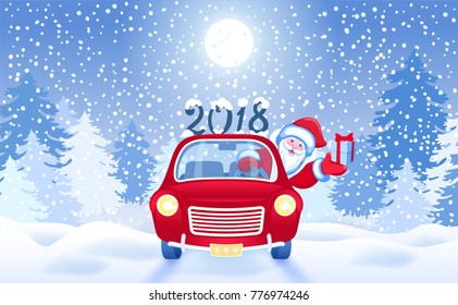 Christmas card with Santa Claus in red car with gift box against winter forest background. New Year design postcard or web banner.