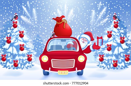 Christmas card with Santa Claus in red car with gift box and big bag against fir tree and salute background. New Year postcard.