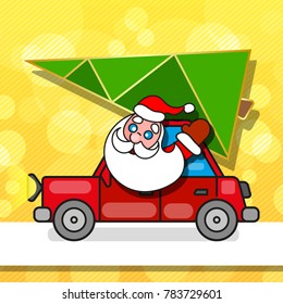 Christmas card with Santa Claus in red car against winter forest background and moon sky. New Year design postcard in retro style.