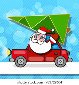 Christmas card with Santa Claus in red car against winter forest background and moon sky. New Year design postcard in retro style.