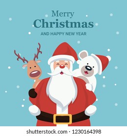 Christmas card of santa claus, reindeer and snow bear