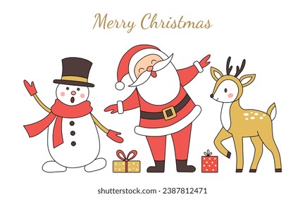 Christmas card Santa Claus, reindeer and snowman. Illustration for cards and flyers. Vector illustration.
