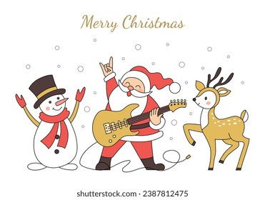 Christmas card Santa Claus, reindeer and snowman. Illustration for cards and flyers. Vector illustration.