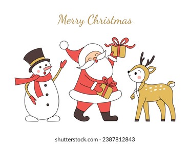 Christmas card Santa Claus, reindeer and snowman. Illustration for cards and flyers. Vector illustration.