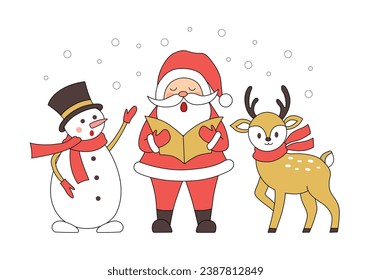 Christmas card Santa Claus, reindeer and snowman. Illustration for cards and flyers. Vector illustration.