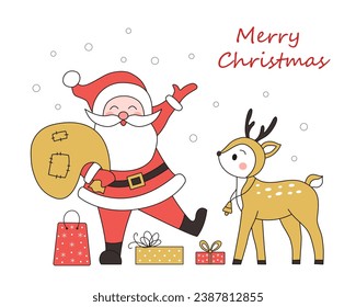 Christmas card Santa Claus, reindeer and snowman. Illustration for cards and flyers. Vector illustration.