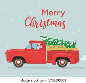 Christmas card. Santa Claus rides in old red retro pickup with christmas tree. Vintage flat vector illustration