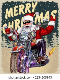 Christmas card with Santa Claus riding vintage motorcycle. Merry Christmas vector illustration.