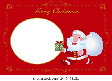 Christmas card with Santa Claus running with a gift box