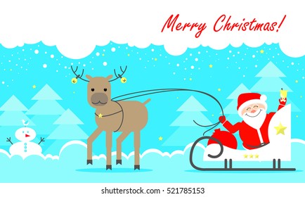 Christmas card. Santa Claus sitting in his sleigh on a background of a winter forest. Vector