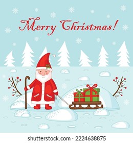 Christmas card. Santa Claus and a sleigh with gifts on the background of snowdrifts and Christmas trees