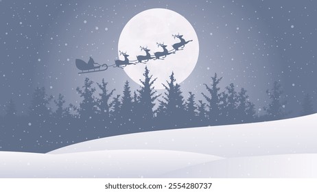 christmas card with Santa Claus in sleigh, full moon and winter forest