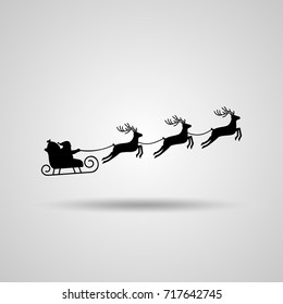 Christmas card. Santa Claus in a sleigh and a reindeer sleigh on a light background with a shadow. flat vector illustration