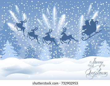 Christmas card with Santa Claus in sleigh with reindeer team flying in the sky with fireworks and salute against winter forest background. New Year design postcard.