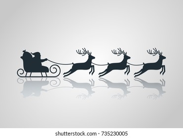 Christmas card. Santa Claus in a sleigh and a reindeer sleigh on a light background with a reflection. flat vector illustration