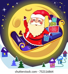 Christmas card with Santa Claus and sleigh with gifts on the background of the big moon