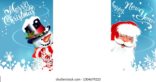 Christmas card with Santa Claus and snowman. Great for Christmas cards, invitations, posters, design of New Year holidays. Vector illustration for your graphic design