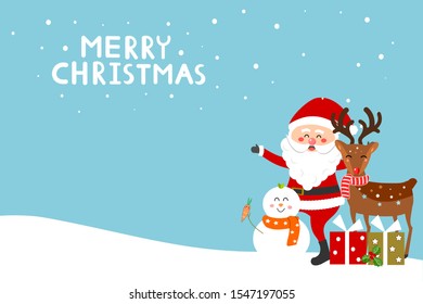 Christmas card with Santa Claus,  snowman, deer and gift box on winter background. cute cartoon character vector illustration.