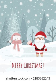 Christmas card with Santa Claus and snowman. Flat design.