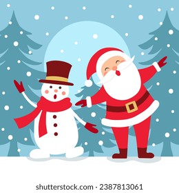 Christmas card Santa Claus and snowman. For holiday greetings. Vector illustration in flat style.