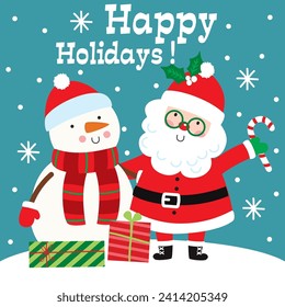 Christmas Card with Santa Claus and Snowman