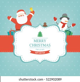 Christmas card with Santa Claus and Snowman. Vector illustration